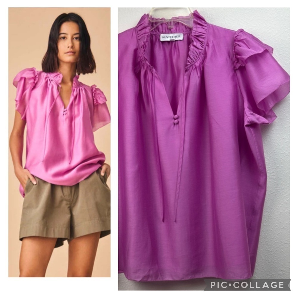 Hunter Bell Milli top, silky fuchsia pink ruffle neck/sleeve relaxed fit blouse